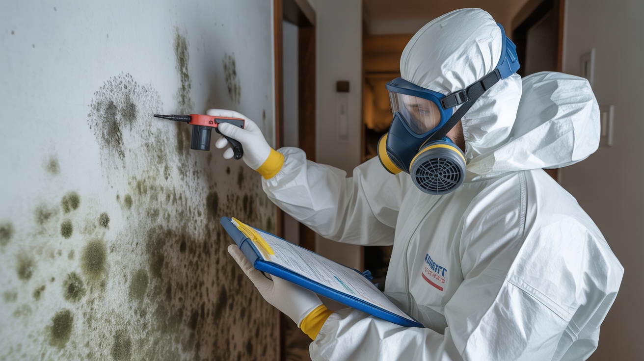 Professional mold remediation technician in protective equipment inspecting mold growth